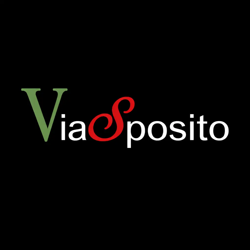 ViaSposito logo on black background used for restaurant branding, business marketing, photography, and videography content