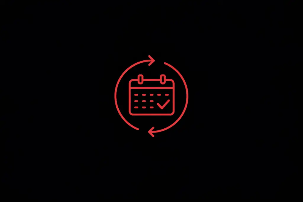 Red line icon of a calendar with a checkmark and circular arrows on a black background