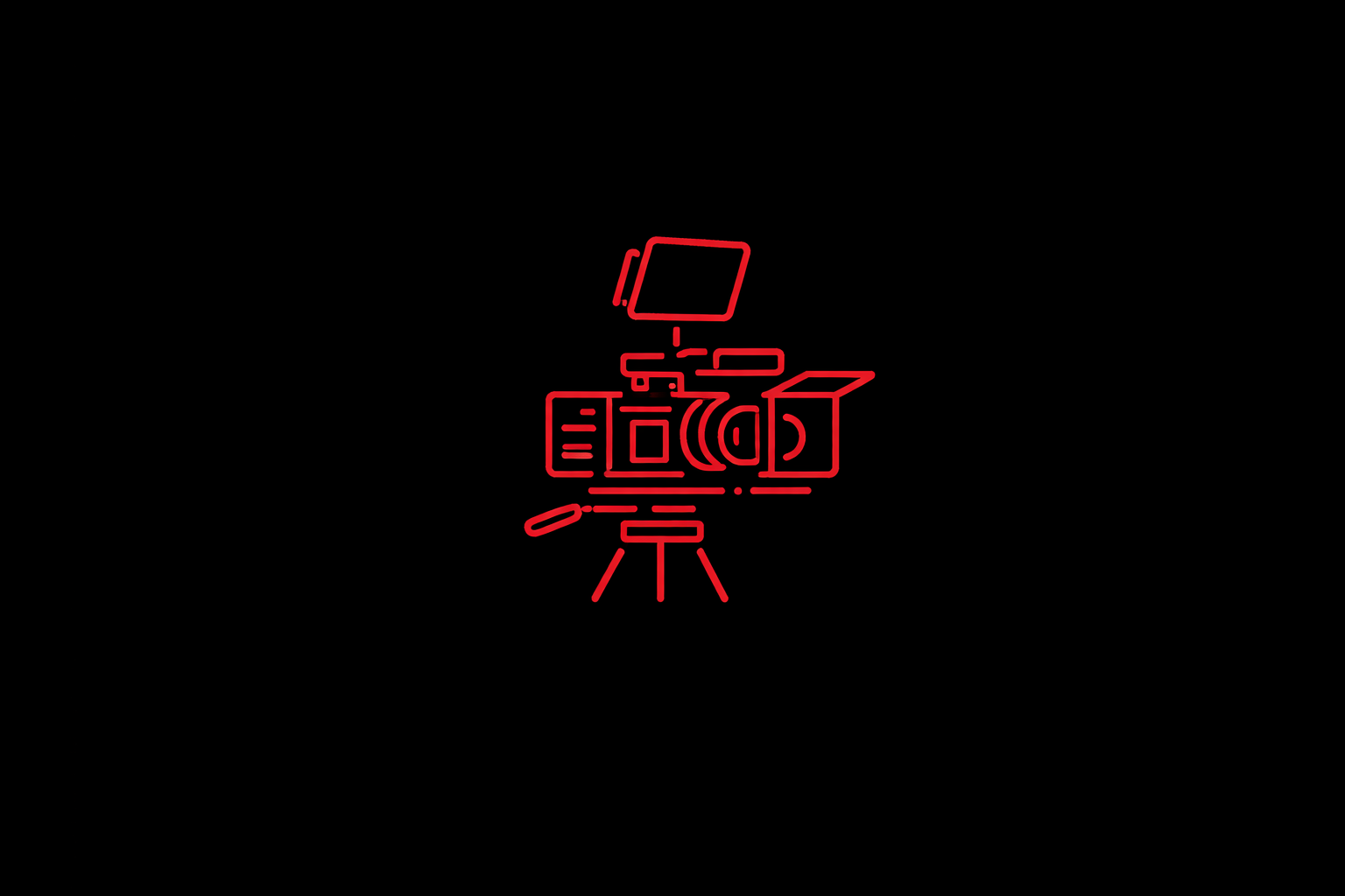 Red line icon of a professional cinema camera on a black background Title: Cinematic Brand Films Icon