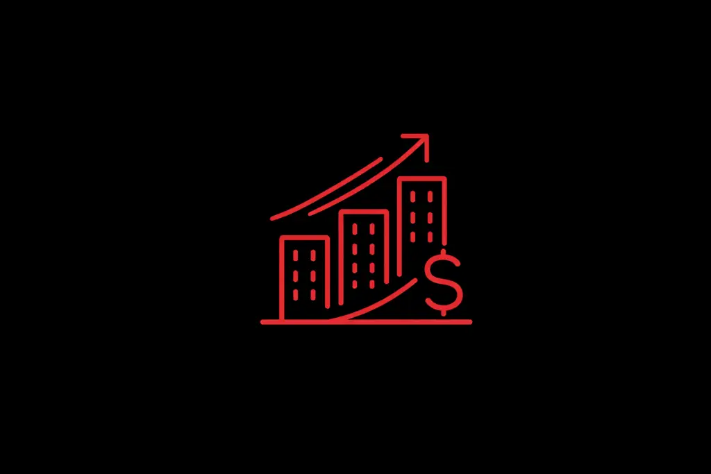 Red line icon of commercial buildings with an upward growth arrow and dollar sign on a black background